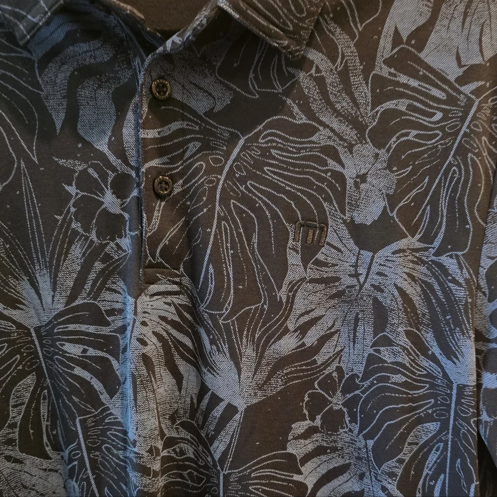 TRAVIS MATHEW Golf Polo Black Blue Palm Print - Picture 3 of 4